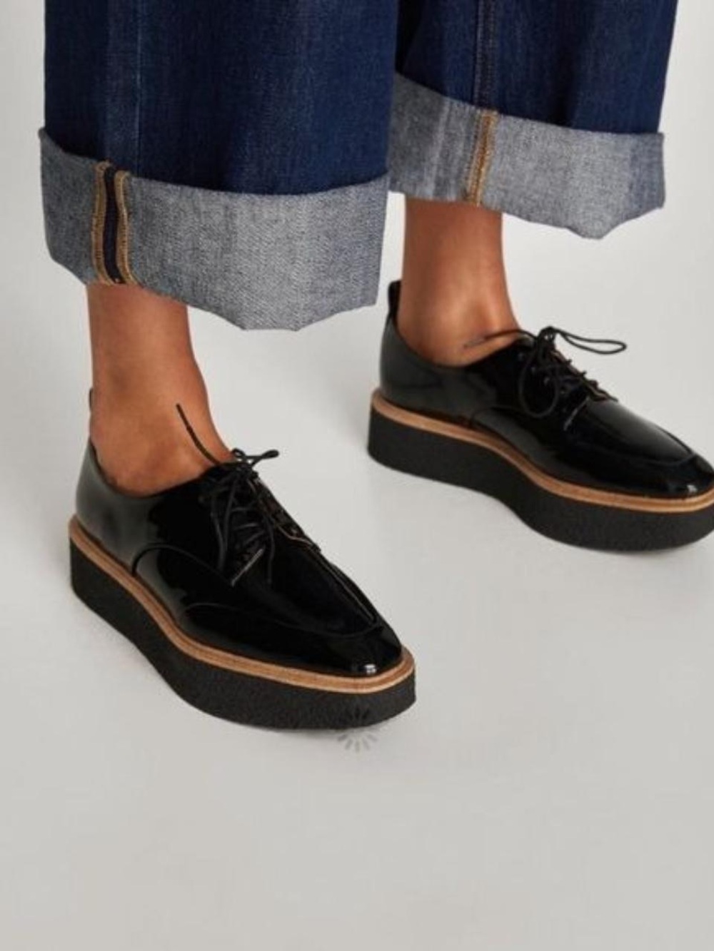 Zara Trafaluc Black Patent Leather Platform Oxfords Size 37 (6.5)